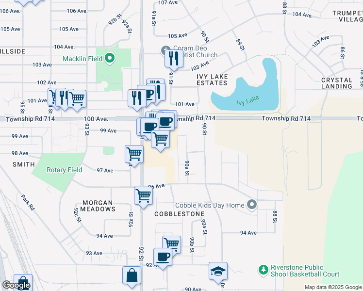 map of restaurants, bars, coffee shops, grocery stores, and more near 9818 90A Street in Grande Prairie