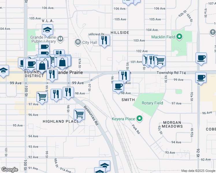 map of restaurants, bars, coffee shops, grocery stores, and more near 9810 96 Street in Grande Prairie