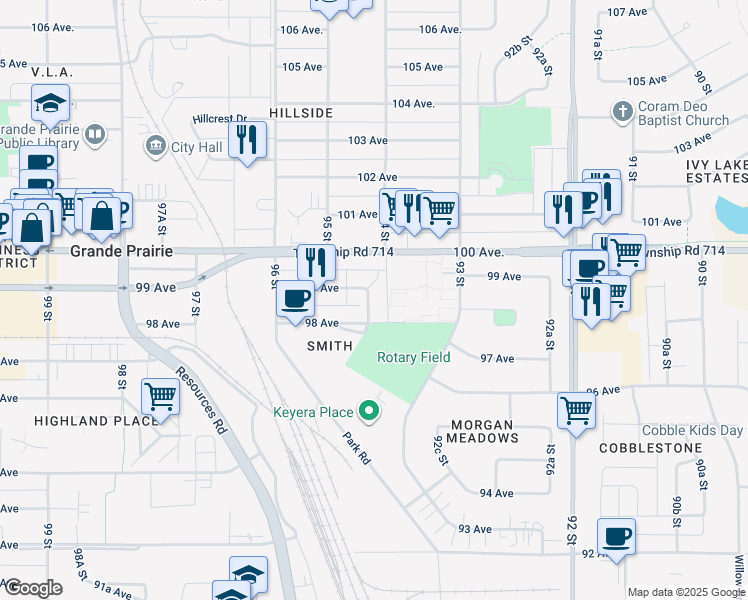 map of restaurants, bars, coffee shops, grocery stores, and more near 9807 95 Street in Grande Prairie