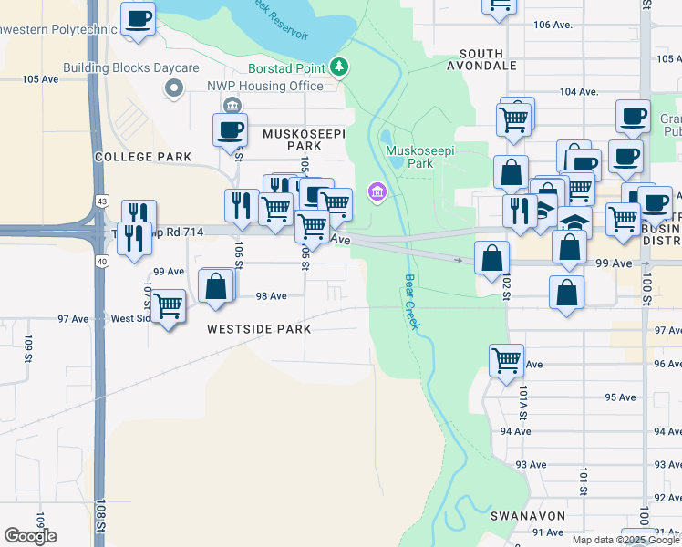map of restaurants, bars, coffee shops, grocery stores, and more near 10418 99 Avenue in Grande Prairie