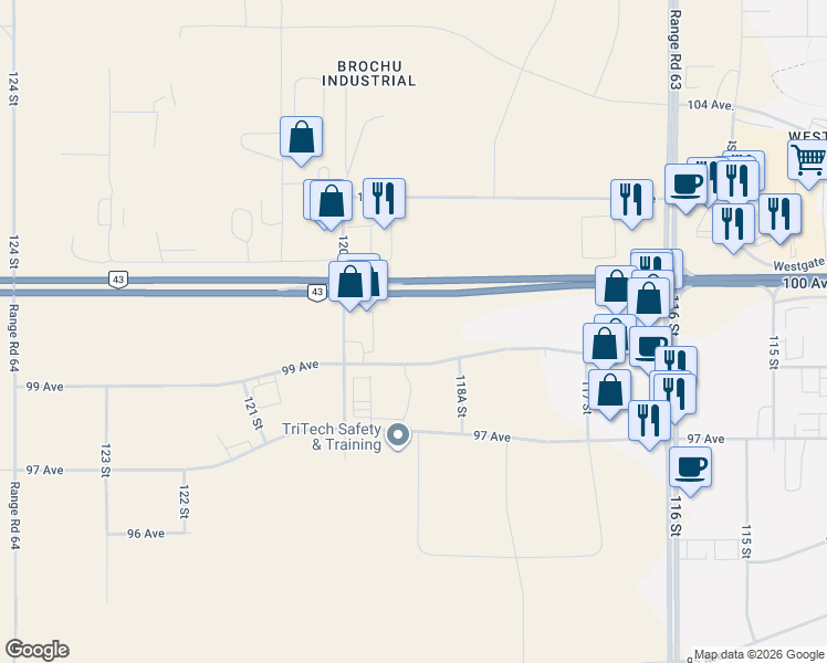 map of restaurants, bars, coffee shops, grocery stores, and more near 11902 99 Avenue in Grande Prairie