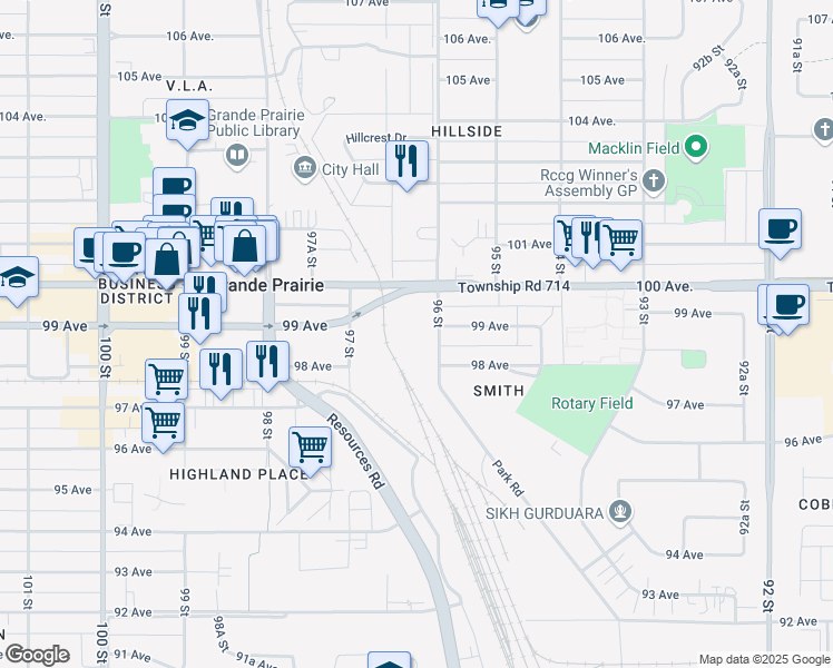 map of restaurants, bars, coffee shops, grocery stores, and more near 9530 99 Avenue in Grande Prairie