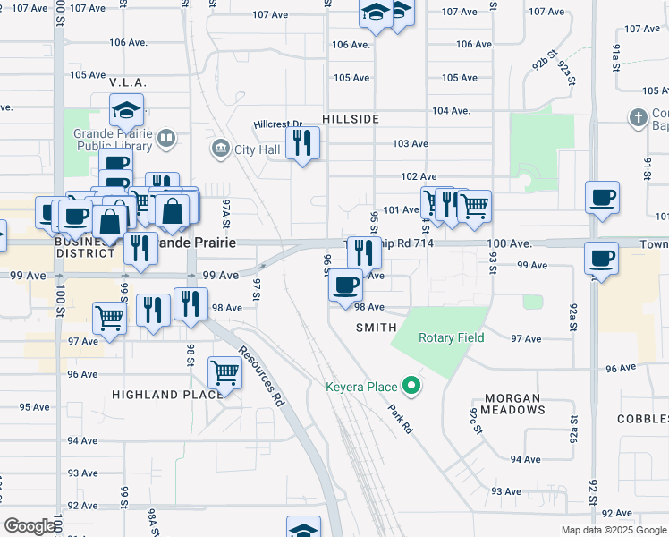 map of restaurants, bars, coffee shops, grocery stores, and more near 9530 99 Avenue in Grande Prairie