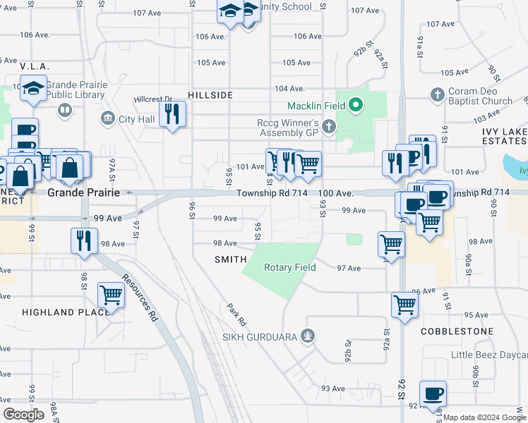 map of restaurants, bars, coffee shops, grocery stores, and more near 9502 99 Avenue in Grande Prairie
