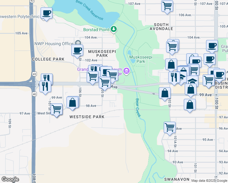 map of restaurants, bars, coffee shops, grocery stores, and more near 10418 99 Avenue in Grande Prairie
