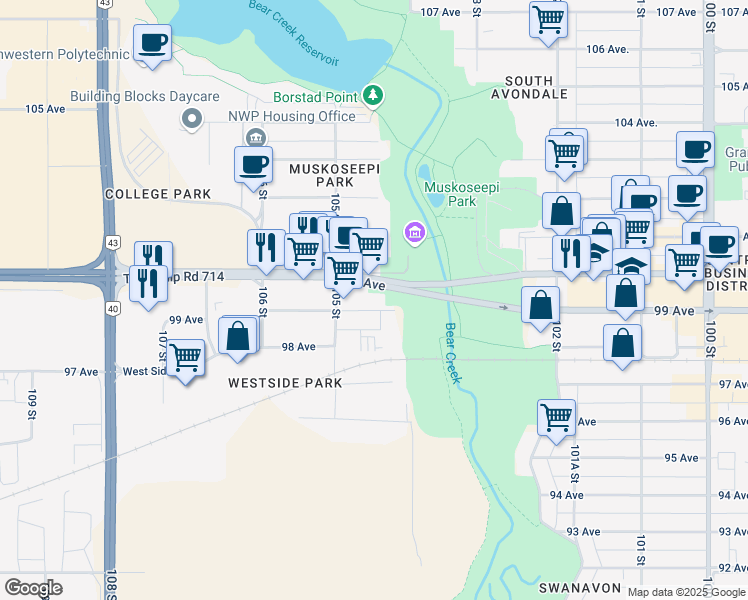 map of restaurants, bars, coffee shops, grocery stores, and more near 10418 99 Avenue in Grande Prairie