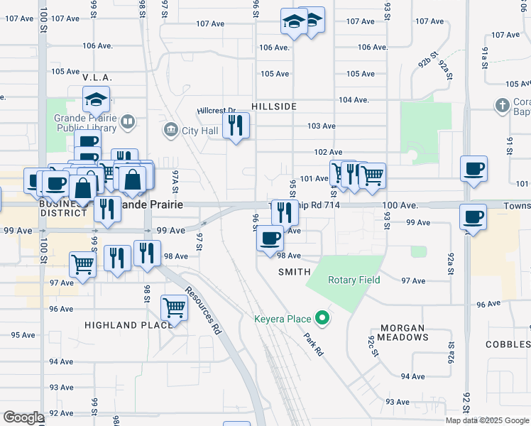 map of restaurants, bars, coffee shops, grocery stores, and more near 9530 99 Avenue in Grande Prairie
