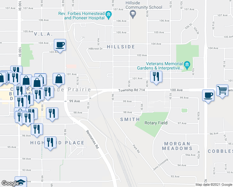 map of restaurants, bars, coffee shops, grocery stores, and more near 9530 99 Avenue in Grande Prairie