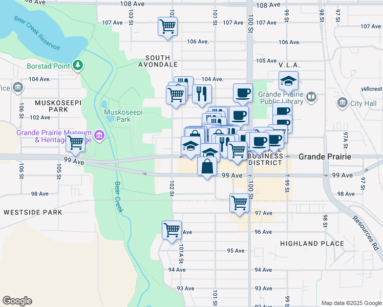 map of restaurants, bars, coffee shops, grocery stores, and more near 10131 101 Avenue in Grande Prairie