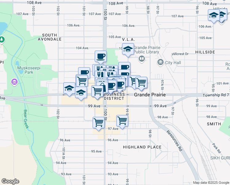 map of restaurants, bars, coffee shops, grocery stores, and more near 9920 100 Avenue in Grande Prairie