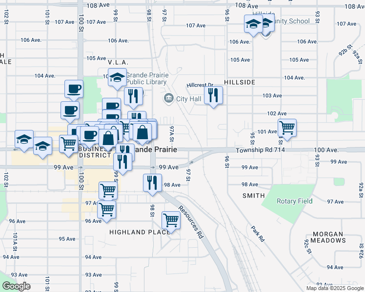 map of restaurants, bars, coffee shops, grocery stores, and more near 9712 100 Avenue in Grande Prairie