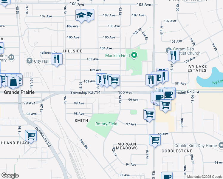 map of restaurants, bars, coffee shops, grocery stores, and more near 9303 A 101 Avenue in Grande Prairie