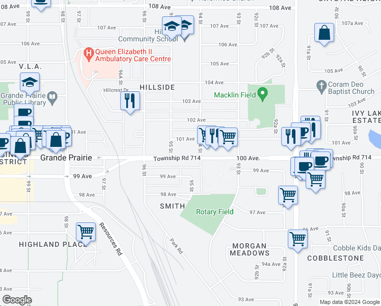 map of restaurants, bars, coffee shops, grocery stores, and more near 9403 A 101 Avenue in Grande Prairie