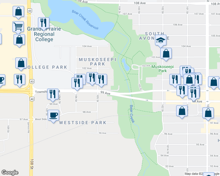 map of restaurants, bars, coffee shops, grocery stores, and more near 10417 101 Avenue in Grande Prairie