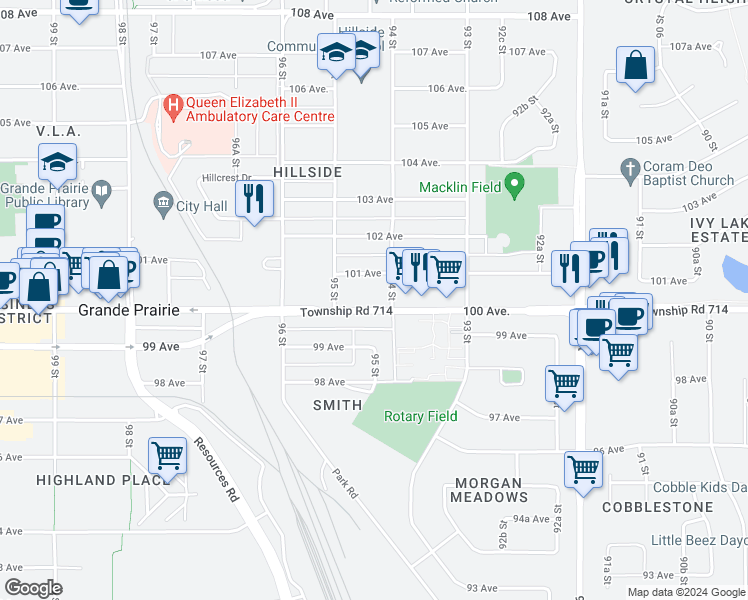 map of restaurants, bars, coffee shops, grocery stores, and more near 9406 100 Avenue in Grande Prairie