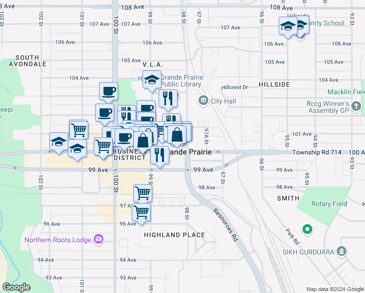 map of restaurants, bars, coffee shops, grocery stores, and more near 9804 100 Avenue in Grande Prairie
