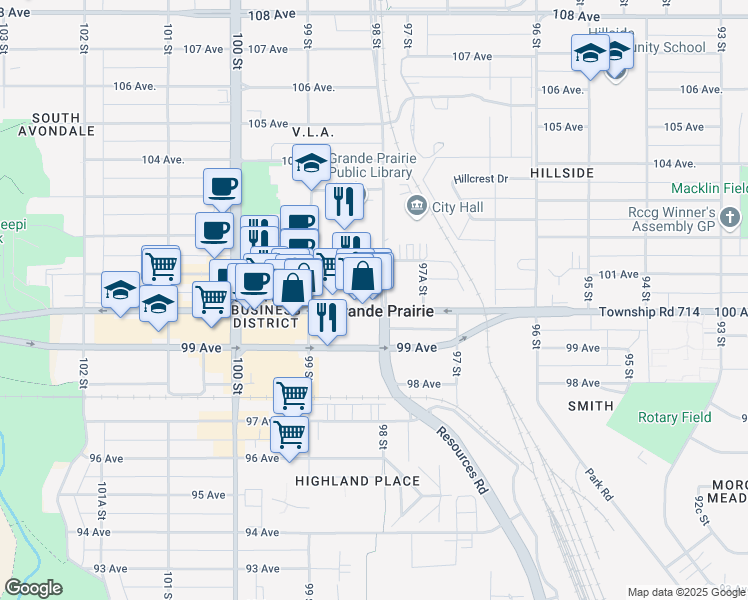 map of restaurants, bars, coffee shops, grocery stores, and more near 9804 100 Avenue in Grande Prairie
