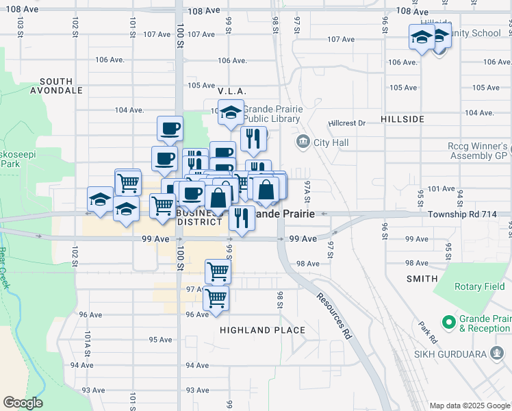 map of restaurants, bars, coffee shops, grocery stores, and more near 9820 100 Avenue in Grande Prairie