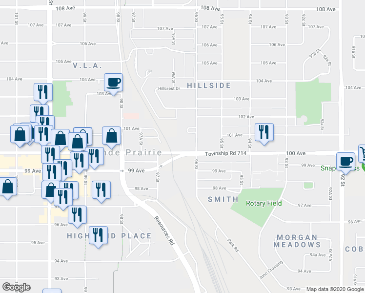 map of restaurants, bars, coffee shops, grocery stores, and more near 9607 101 Avenue in Grande Prairie