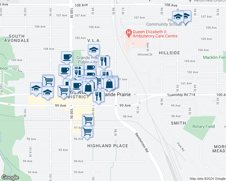 map of restaurants, bars, coffee shops, grocery stores, and more near 9813 101 Avenue in Grande Prairie