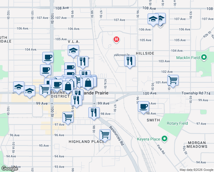 map of restaurants, bars, coffee shops, grocery stores, and more near 10013 97A Street in Grande Prairie