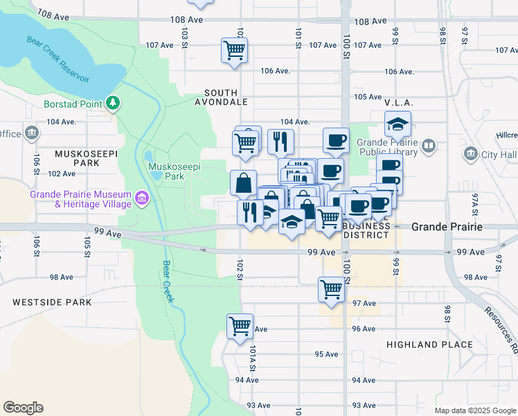 map of restaurants, bars, coffee shops, grocery stores, and more near 10131 101 Avenue in Grande Prairie