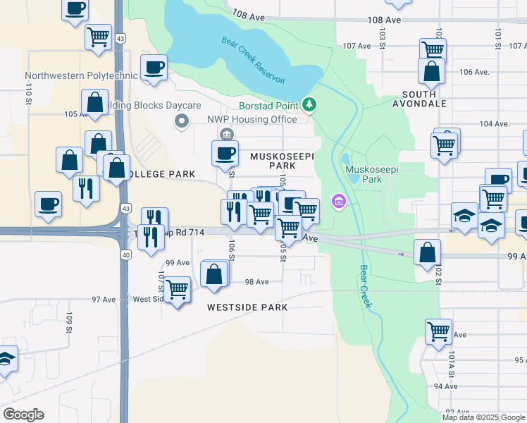map of restaurants, bars, coffee shops, grocery stores, and more near 10511 101 Avenue in Grande Prairie