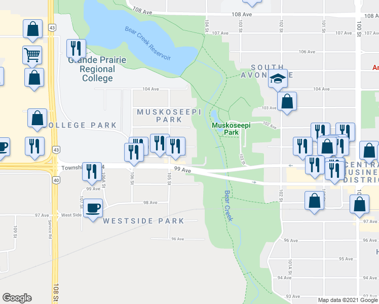 map of restaurants, bars, coffee shops, grocery stores, and more near 10417 101 Avenue in Grande Prairie
