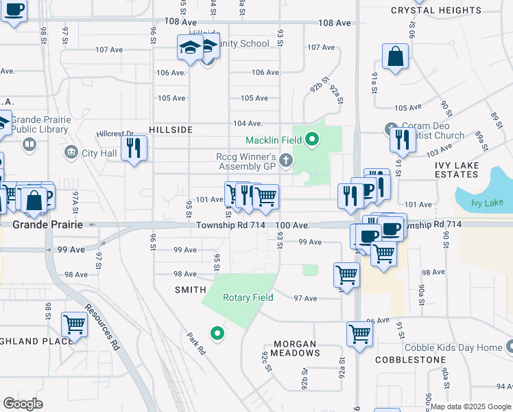 map of restaurants, bars, coffee shops, grocery stores, and more near 9311 101 Avenue in Grande Prairie