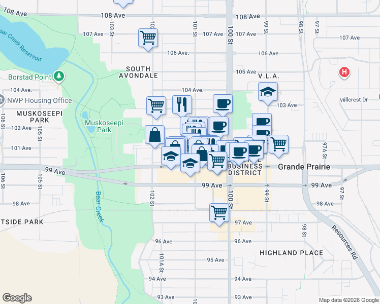 map of restaurants, bars, coffee shops, grocery stores, and more near 10101 101 Avenue in Grande Prairie
