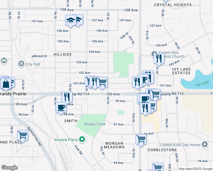 map of restaurants, bars, coffee shops, grocery stores, and more near 9303 A 101 Avenue in Grande Prairie