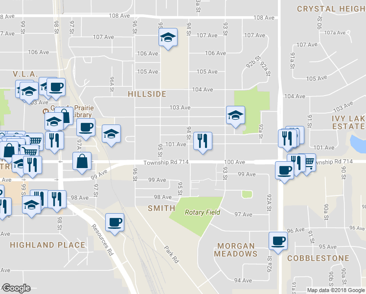 map of restaurants, bars, coffee shops, grocery stores, and more near 9403 A 101 Avenue in Grande Prairie