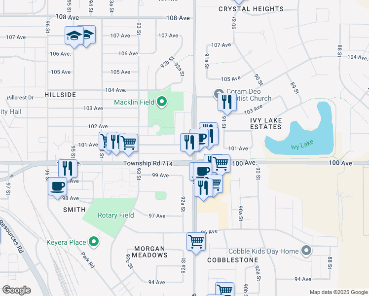 map of restaurants, bars, coffee shops, grocery stores, and more near 9205 A 101 Avenue in Grande Prairie