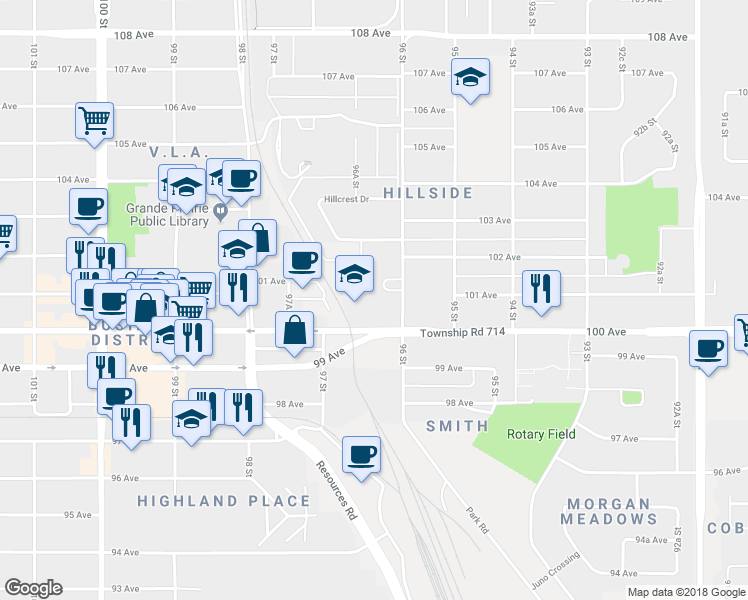 map of restaurants, bars, coffee shops, grocery stores, and more near 9607 101 Avenue in Grande Prairie