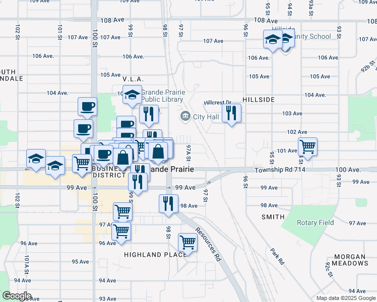 map of restaurants, bars, coffee shops, grocery stores, and more near 10047 97A Street in Grande Prairie