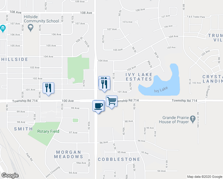 map of restaurants, bars, coffee shops, grocery stores, and more near 10110 91 Street in Grande Prairie