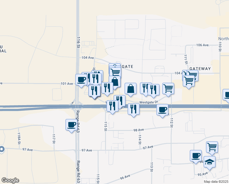 map of restaurants, bars, coffee shops, grocery stores, and more near 101,11517 Westgate Drive in Grande Prairie