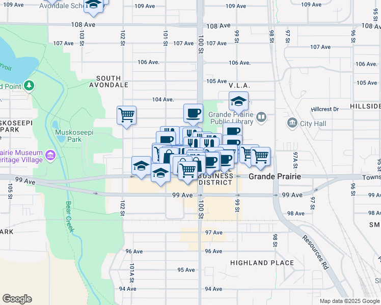 map of restaurants, bars, coffee shops, grocery stores, and more near 10006 101 Avenue in Grande Prairie