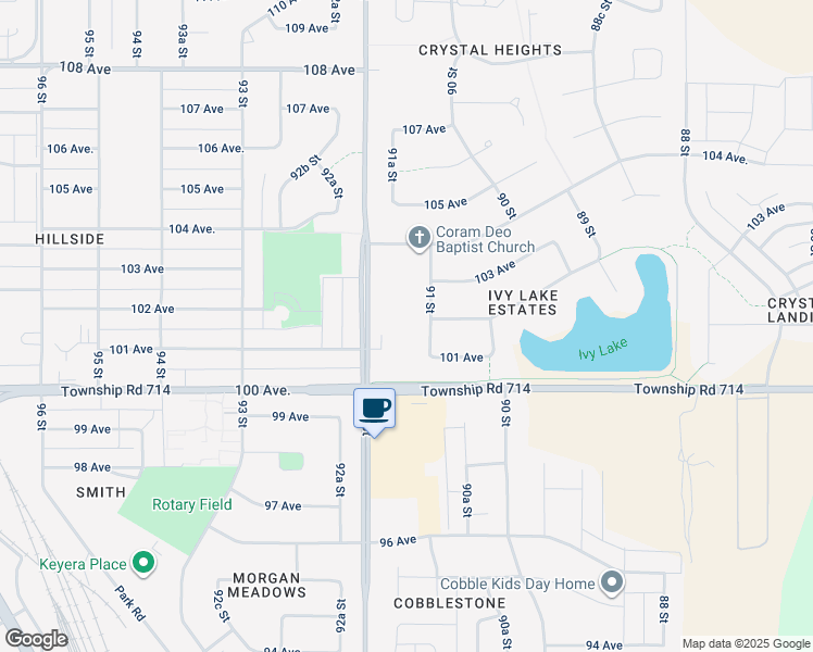 map of restaurants, bars, coffee shops, grocery stores, and more near 10110 91 Street in Grande Prairie