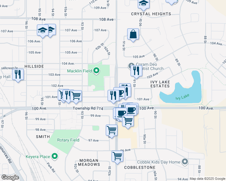 map of restaurants, bars, coffee shops, grocery stores, and more near 9205 A 101 Avenue in Grande Prairie