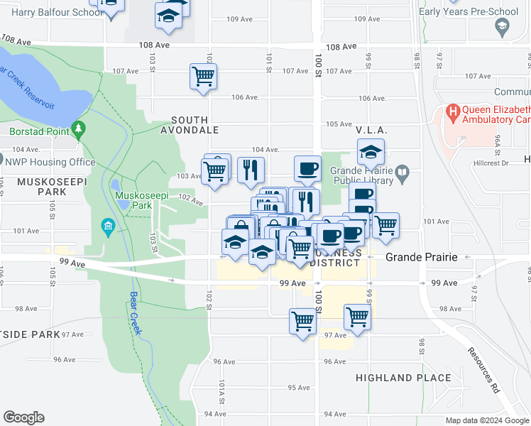 map of restaurants, bars, coffee shops, grocery stores, and more near 10101 101 Avenue in Grande Prairie