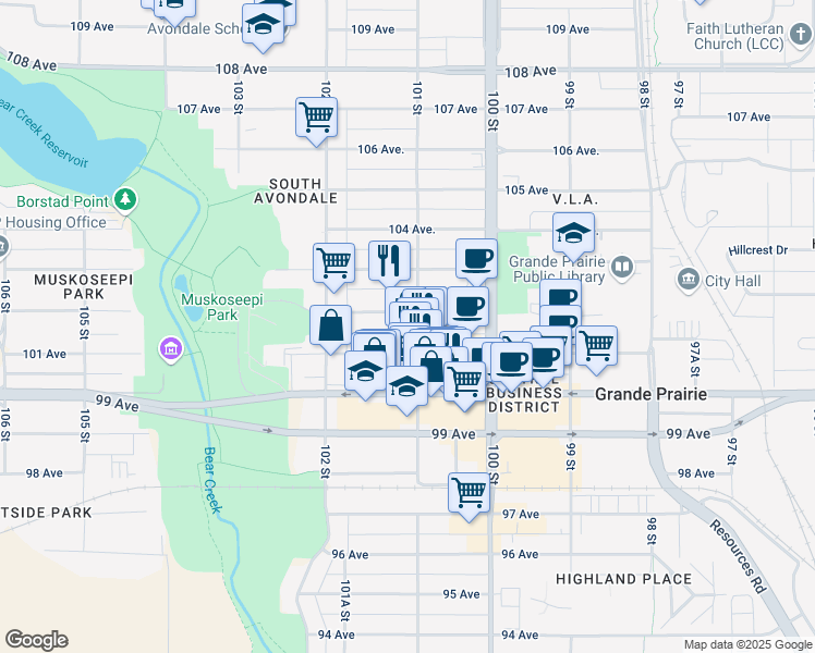 map of restaurants, bars, coffee shops, grocery stores, and more near 10101 101 Avenue in Grande Prairie
