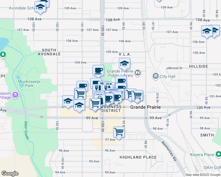 map of restaurants, bars, coffee shops, grocery stores, and more near 9934 Richmond Avenue in Grande Prairie