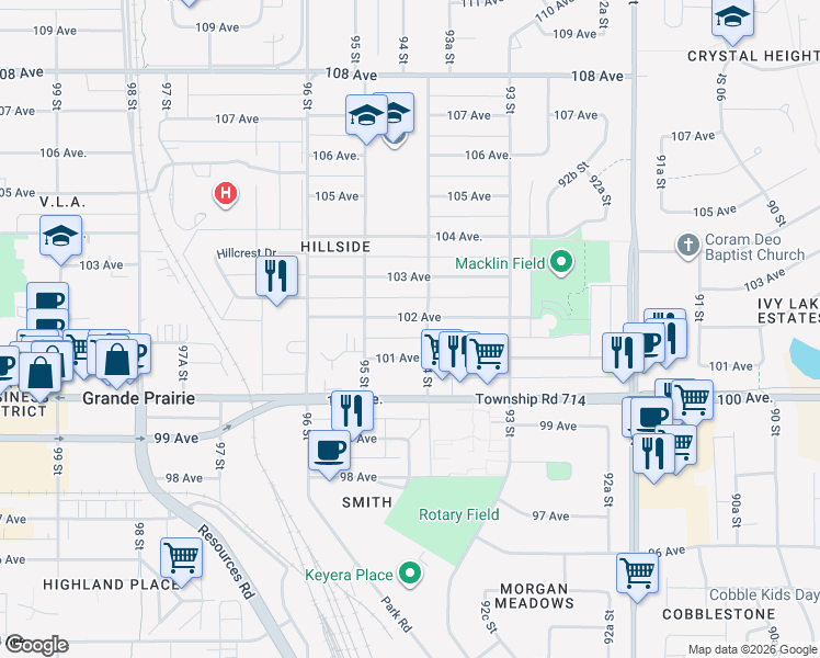 map of restaurants, bars, coffee shops, grocery stores, and more near 9405 102 Avenue in Grande Prairie