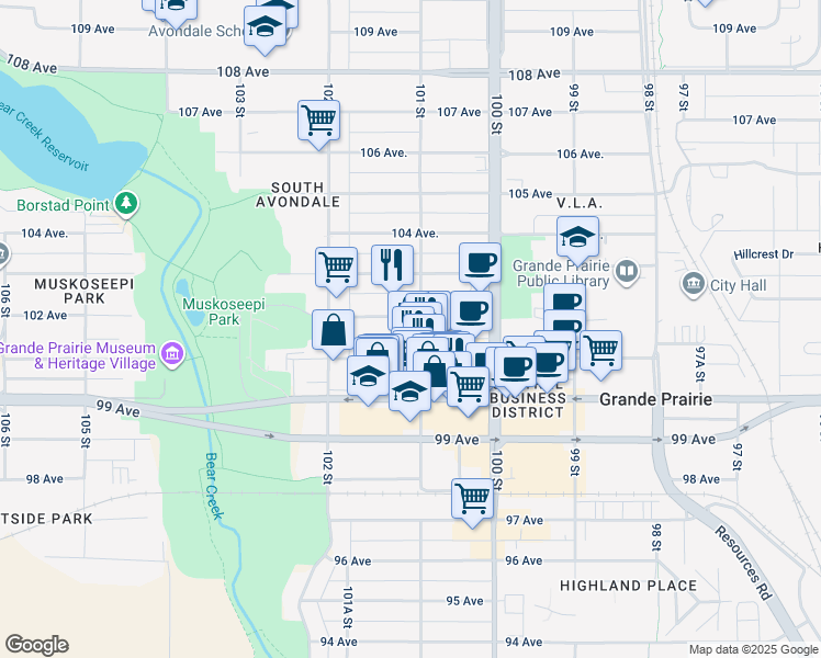 map of restaurants, bars, coffee shops, grocery stores, and more near 10103 102 Avenue in Grande Prairie