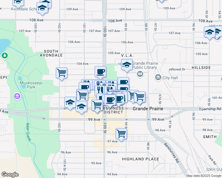 map of restaurants, bars, coffee shops, grocery stores, and more near 9914 101 Avenue in Grande Prairie