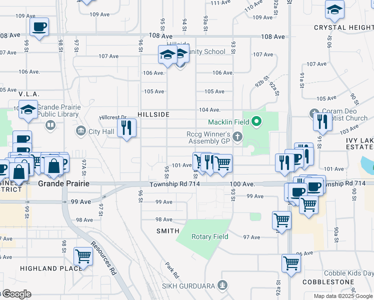 map of restaurants, bars, coffee shops, grocery stores, and more near 9405 A 102 Avenue in Grande Prairie