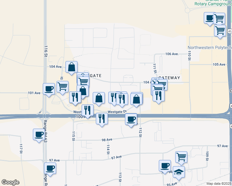 map of restaurants, bars, coffee shops, grocery stores, and more near 11353 104 Avenue in Grande Prairie