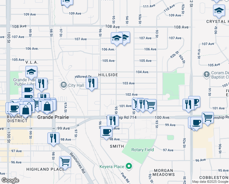 map of restaurants, bars, coffee shops, grocery stores, and more near 9507 103 Avenue in Grande Prairie