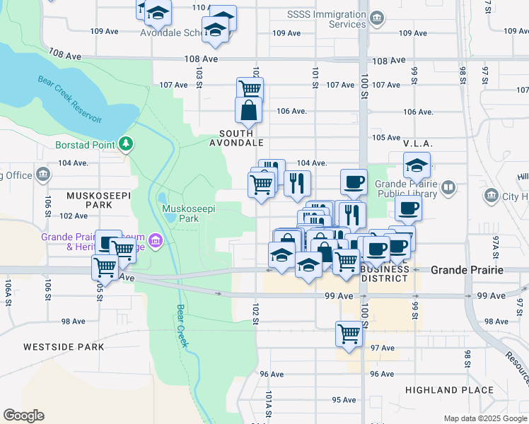map of restaurants, bars, coffee shops, grocery stores, and more near 203 102 Street in Grande Prairie